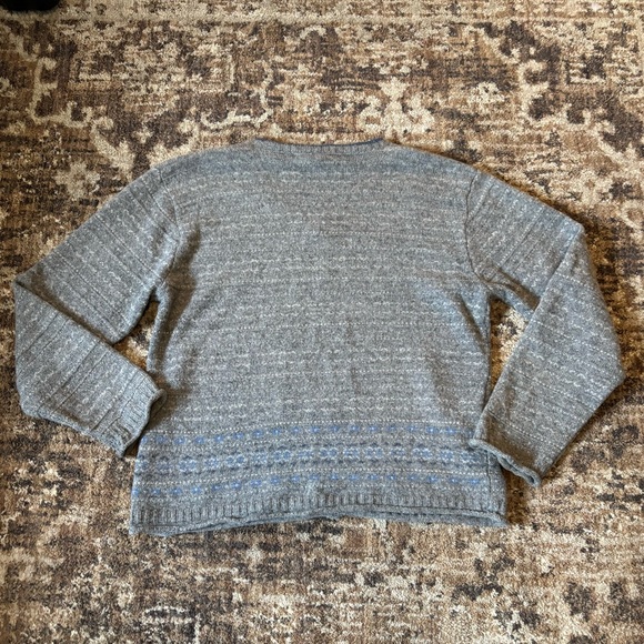 Vintage Columbia Women’s Large Shetland Wool Grey Sweater V Neck Blue Floral - Picture 4 of 6